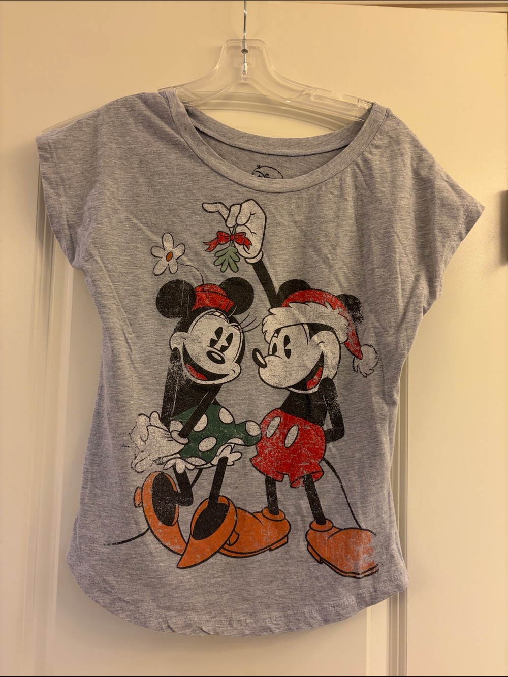 Disney Women’s Light Grey Mickey & Minnie Holiday Tee with Red & Green Accents